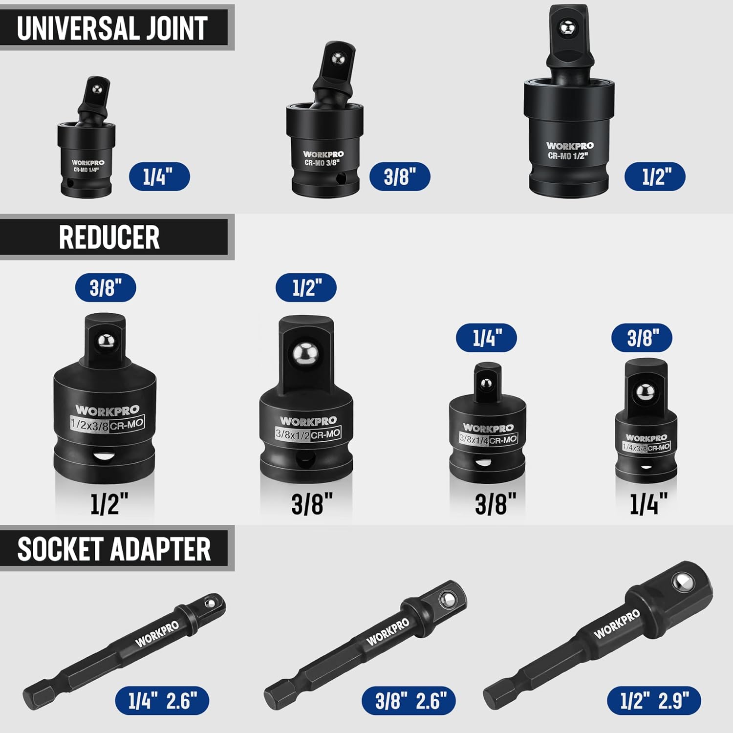 Black impact socket adapter reducers, universal joint sockets, and hex shank extensions set