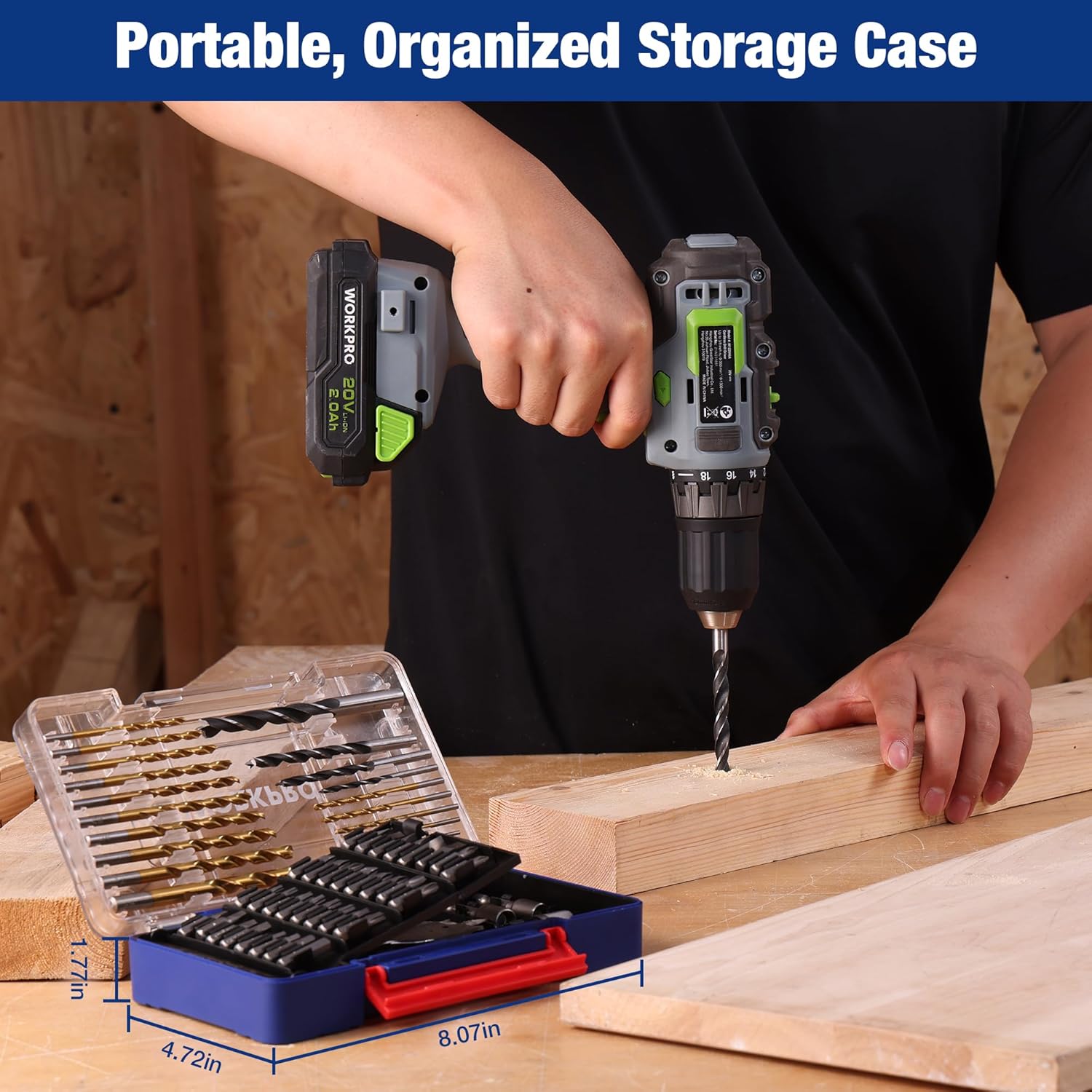 Portable organizer storage case holding drill and screwdriver bits