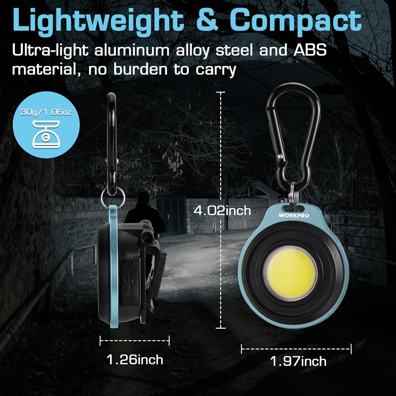 Blue compact COB keychain flashlight with carabiner clip and round LED lens