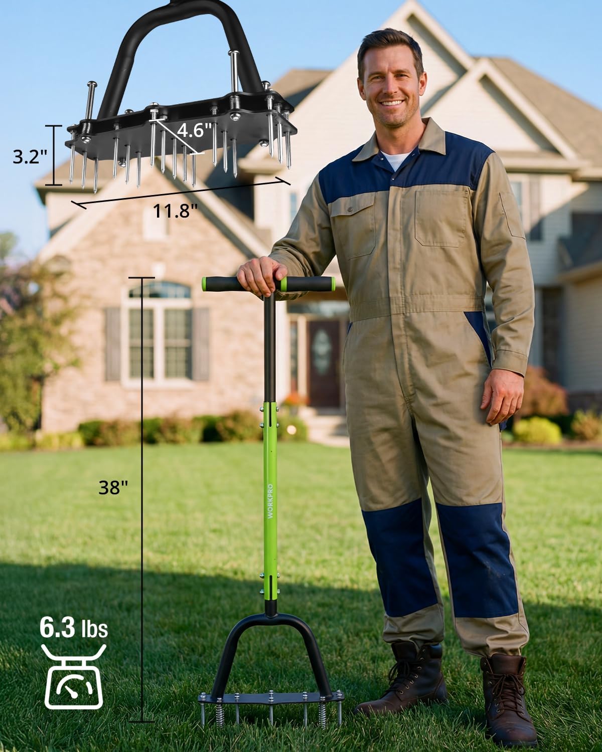 Manual lawn aerator tool with green handle and black spike plate for soil loosening