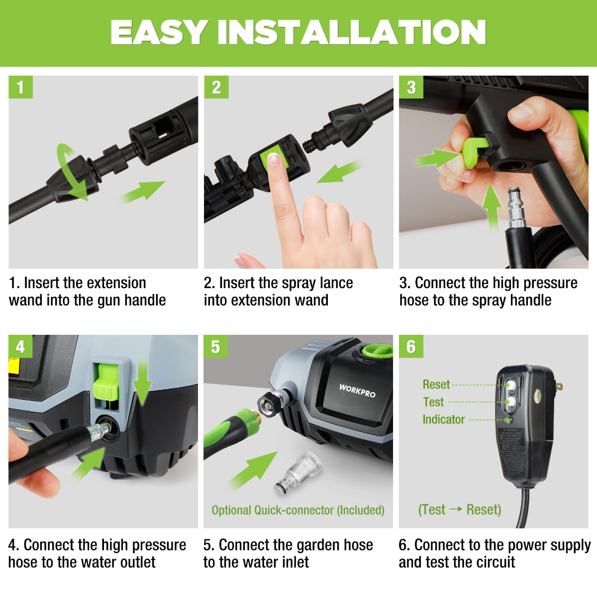 Pressure washer quick-connect setup steps showing nozzle and hose connections