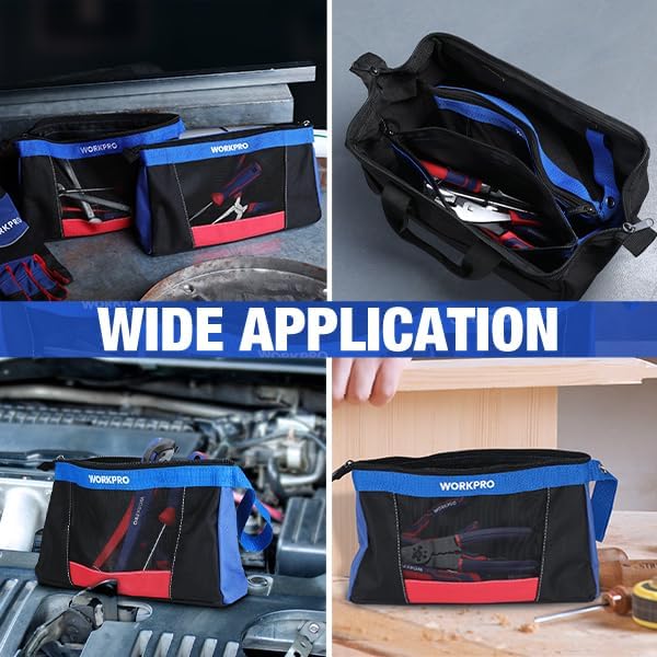 Two black tool pouches with blue trim and red front panels, shown with tools inside