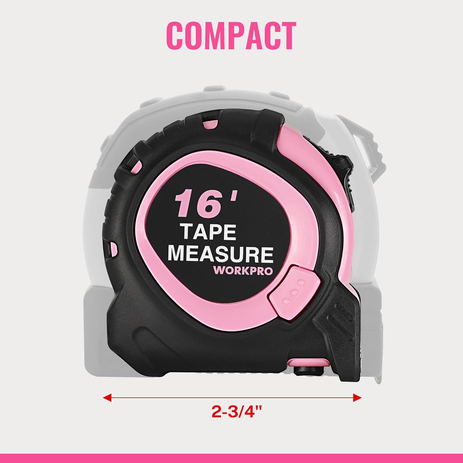 Compact pink and black 16-ft tape measure case with blade retracted