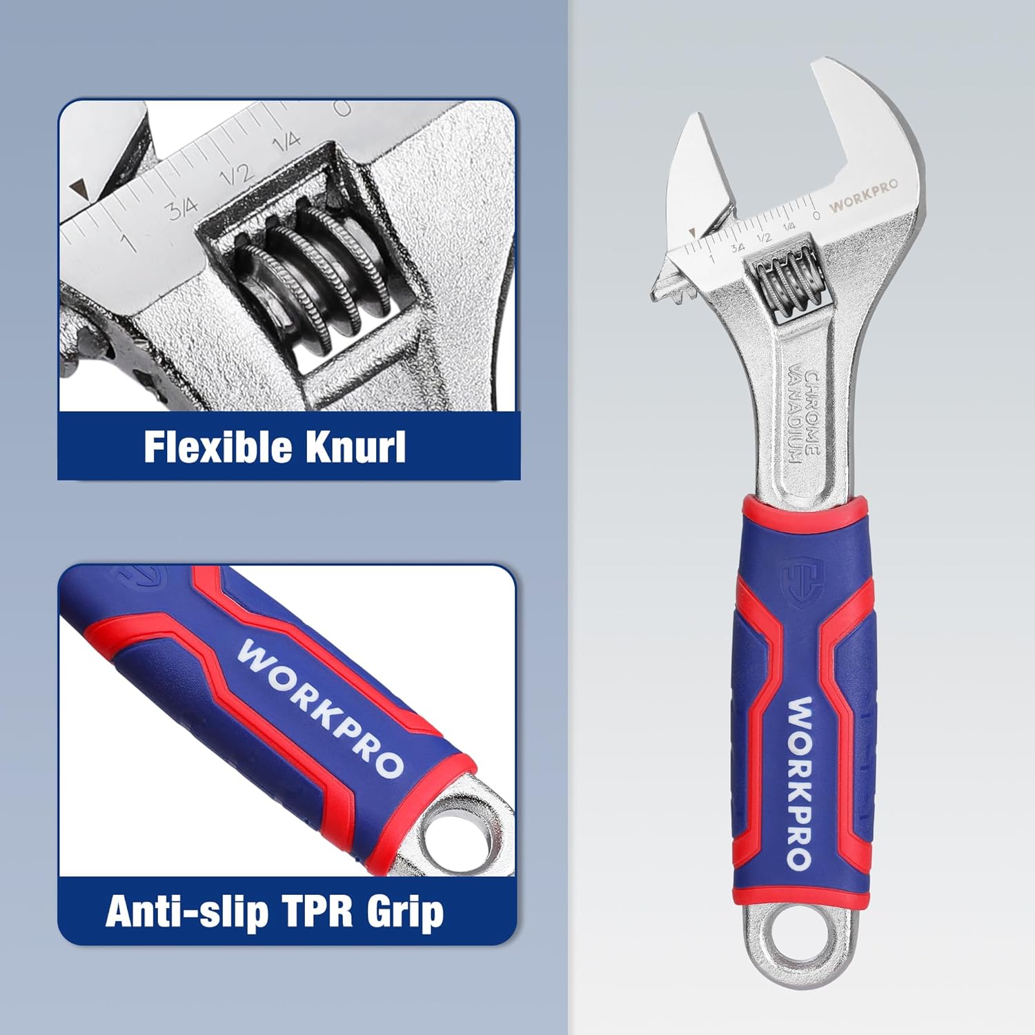 Adjustable wrench with flexible knurl jaw and anti-slip TPR grip, wide measurement scale