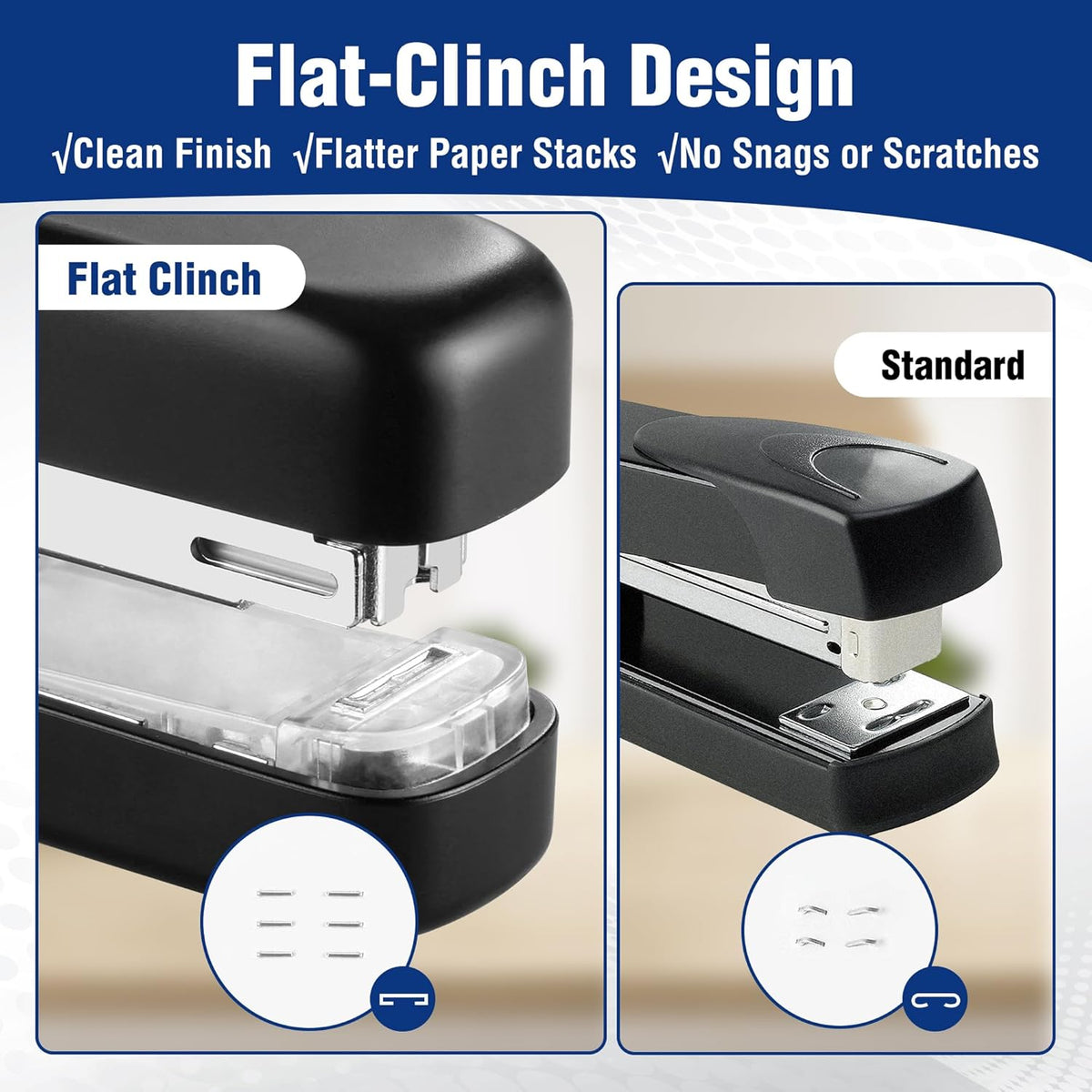 Black stapler showing front flat-clinch nose and metal stapling channel