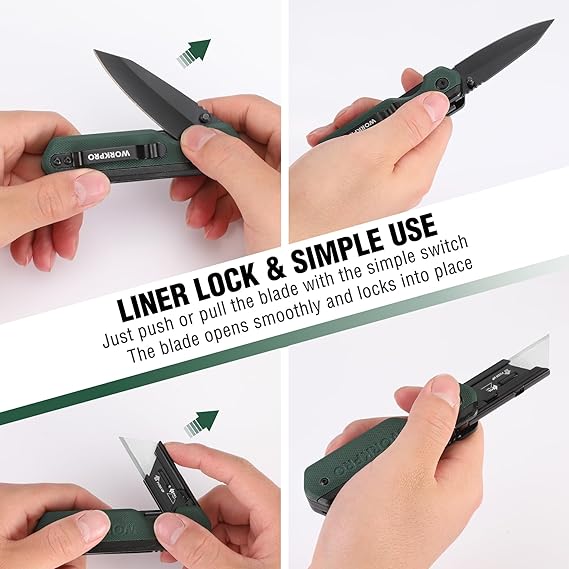 Green folding utility knife with liner lock, shown in open and closed positions