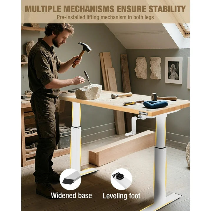 Adjustable height workbench with widened base and leveling feet on both legs