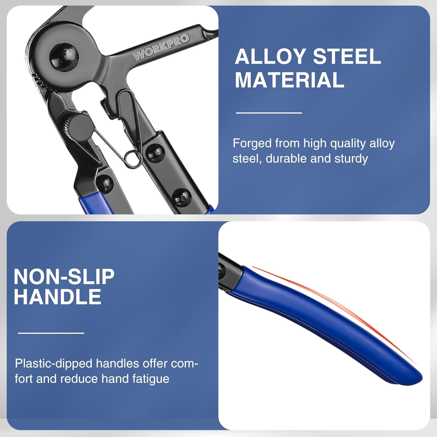 WORKPRO hose clamp pliers with alloy steel body and non-slip blue handle