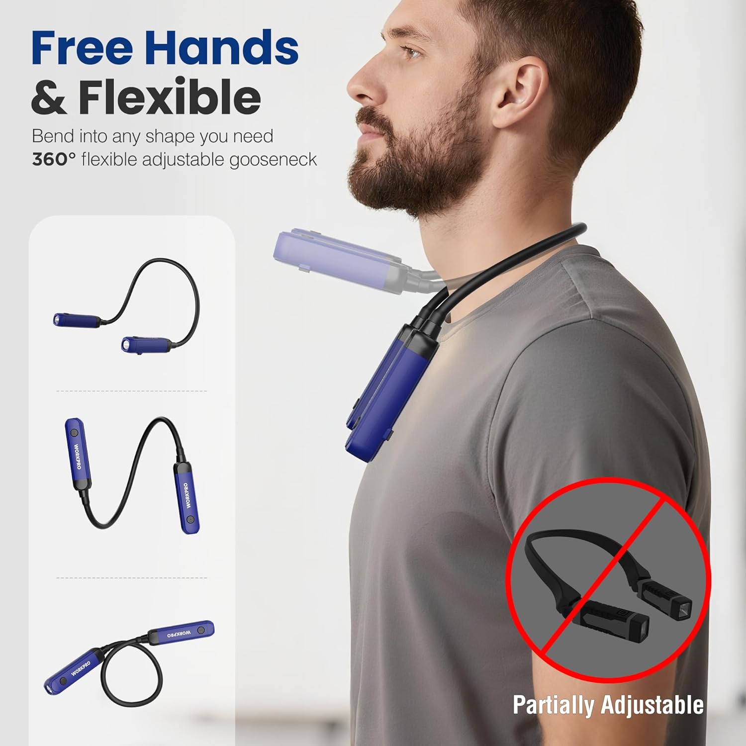 Blue and black rechargeable neck light with flexible silicone band, worn hands-free on neck
