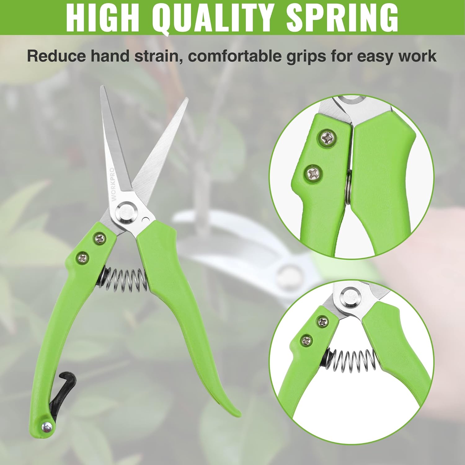 Green pruning shears with comfort grips, spring mechanism, and close-up inset of blade area