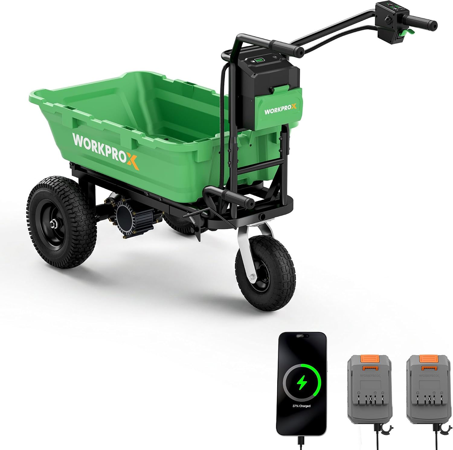 WORKPROX green electric wheelbarrow with black frame, four chunky tires and control handle