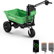 WORKPROX green electric wheelbarrow with black frame, four chunky tires and control handle