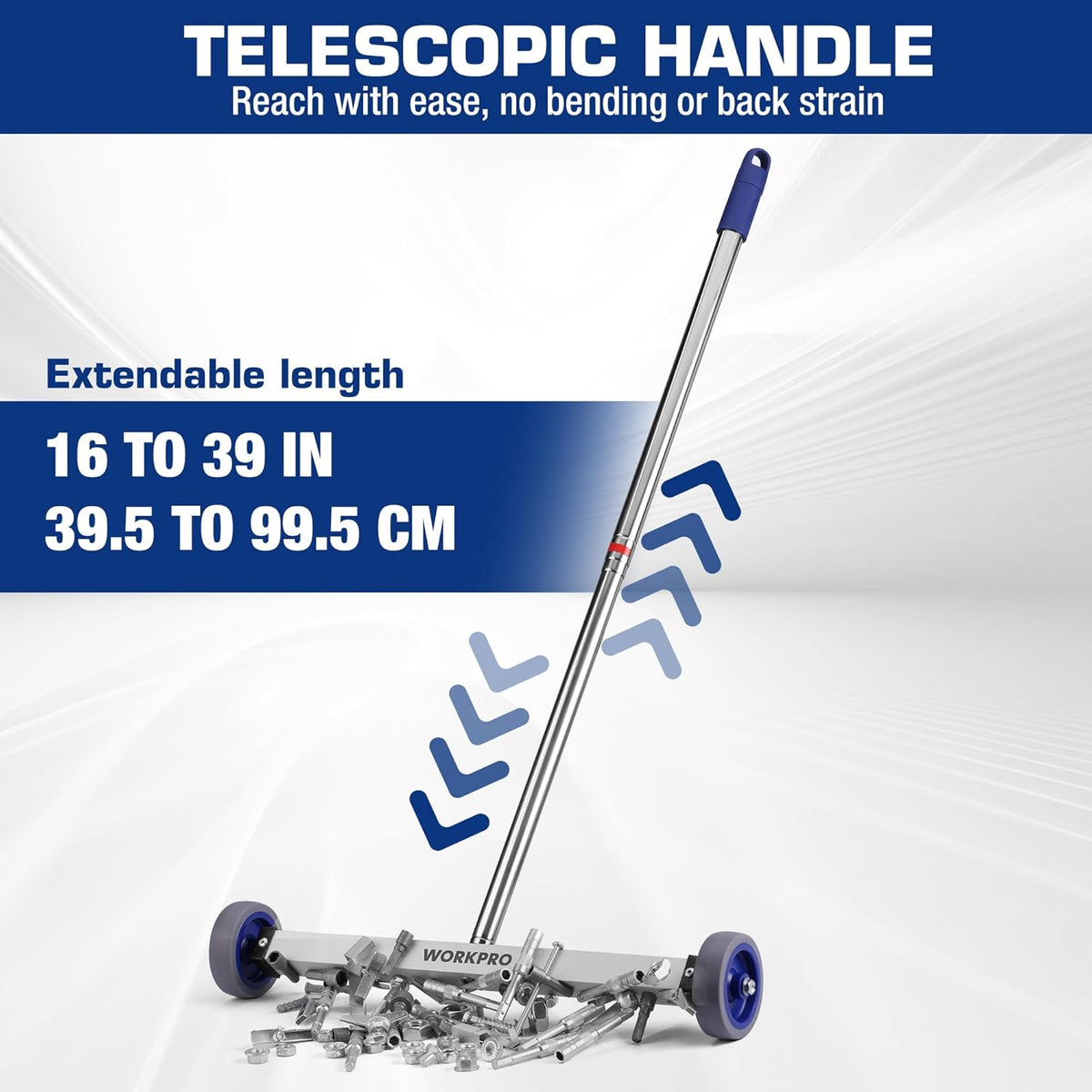 Telescoping magnetic sweeper with extended steel handle and blue wheeled head