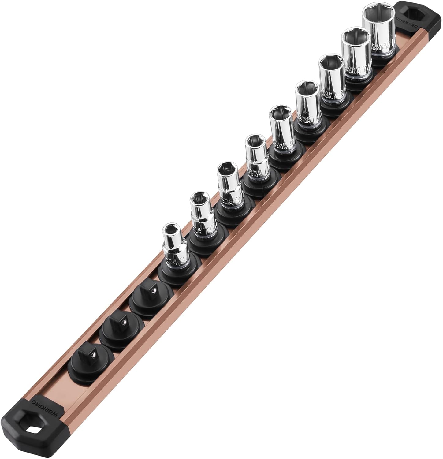 Champagne magnetic socket rail with black clips and chrome sockets aligned on it