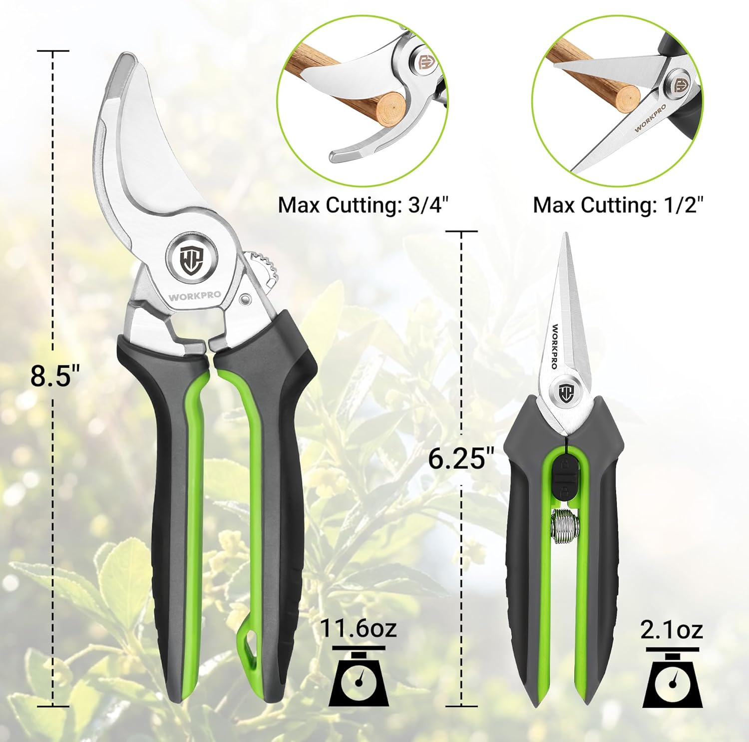 WORKPRO pruning shears set: 8.5 in bypass and 6.25 in straight blades