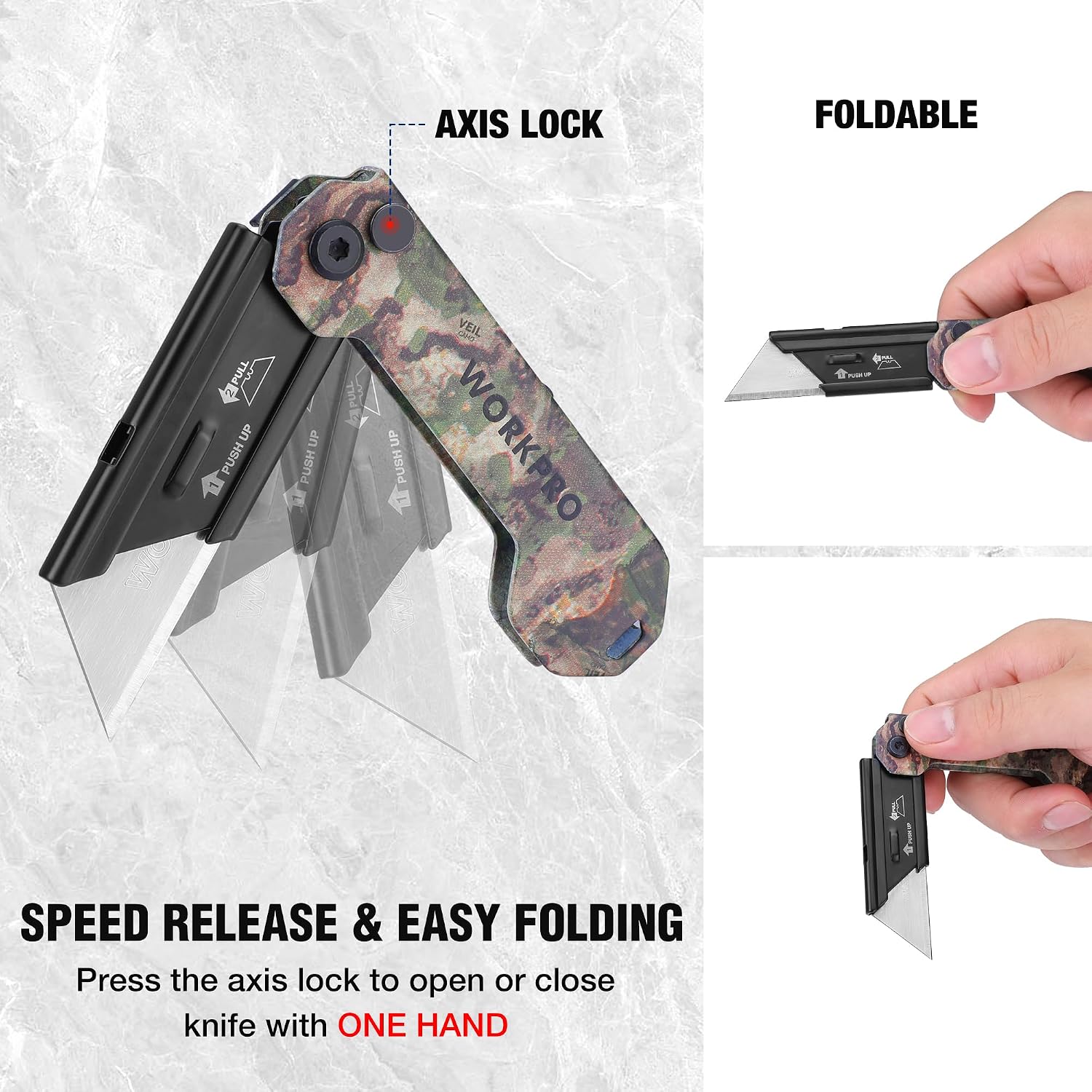 Camouflage mini utility knife with axis lock and foldable design, shown open