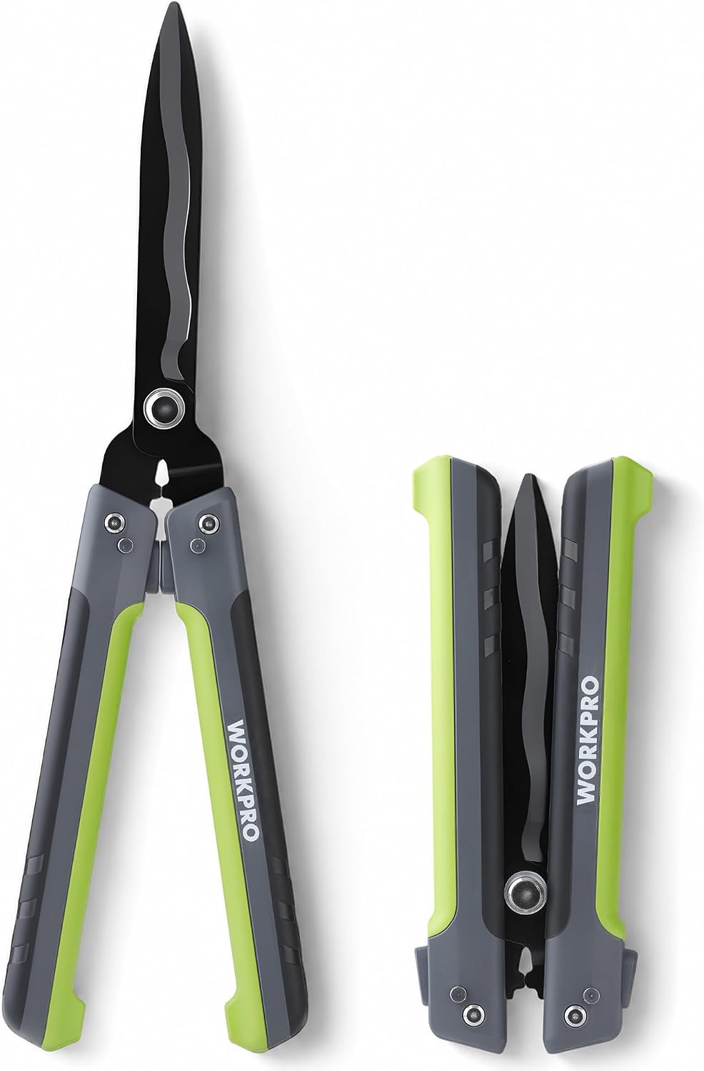 Foldable hedge shears shown open and closed, black blades with green handles