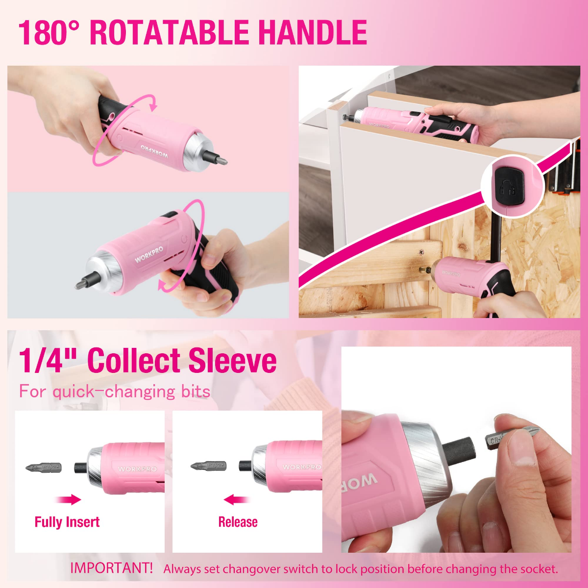 Pink WORKPRO cordless screwdriver with 180° rotatable handle and 1/4" bit sleeve