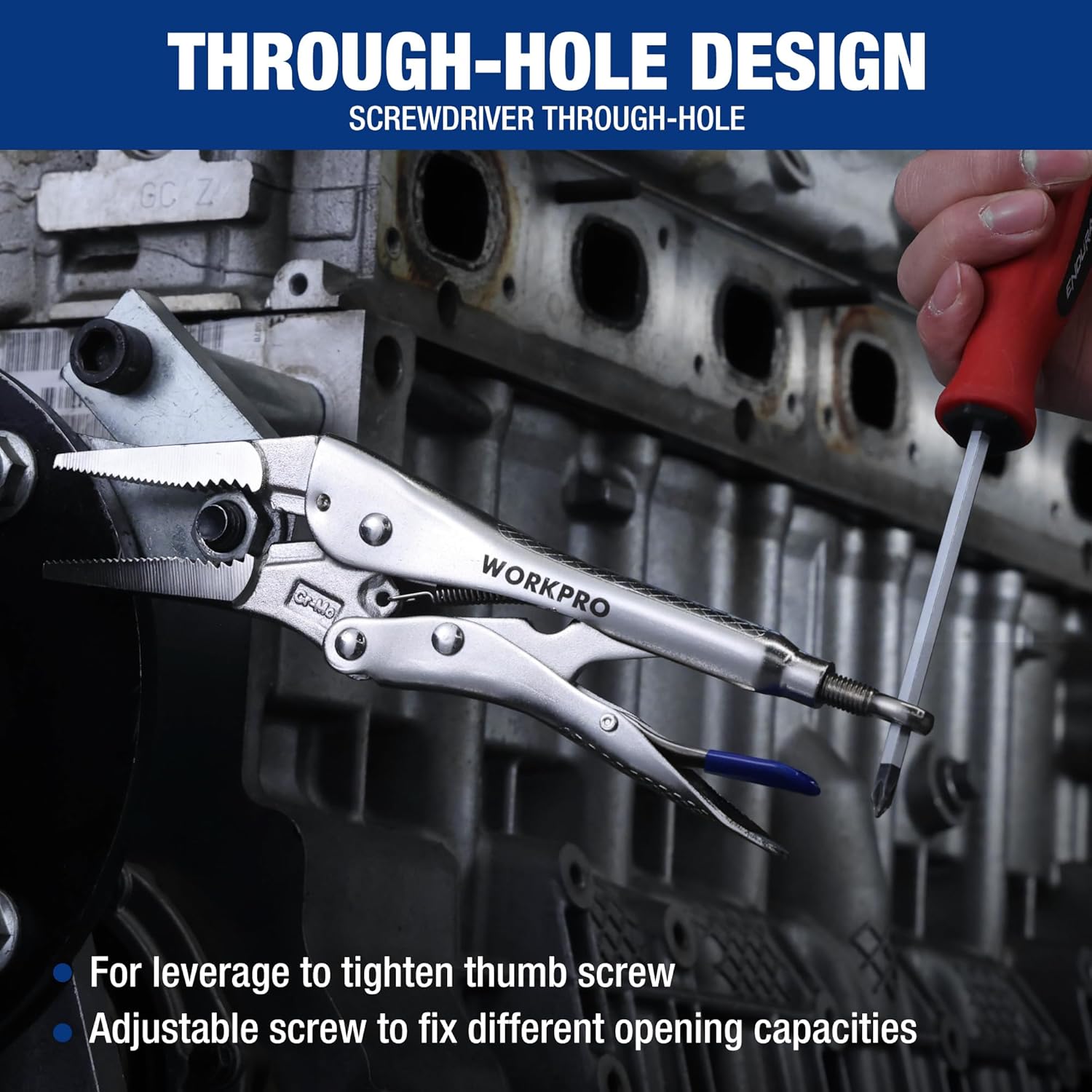 WORKPRO locking pliers with adjustable thumb screw and through-hole design