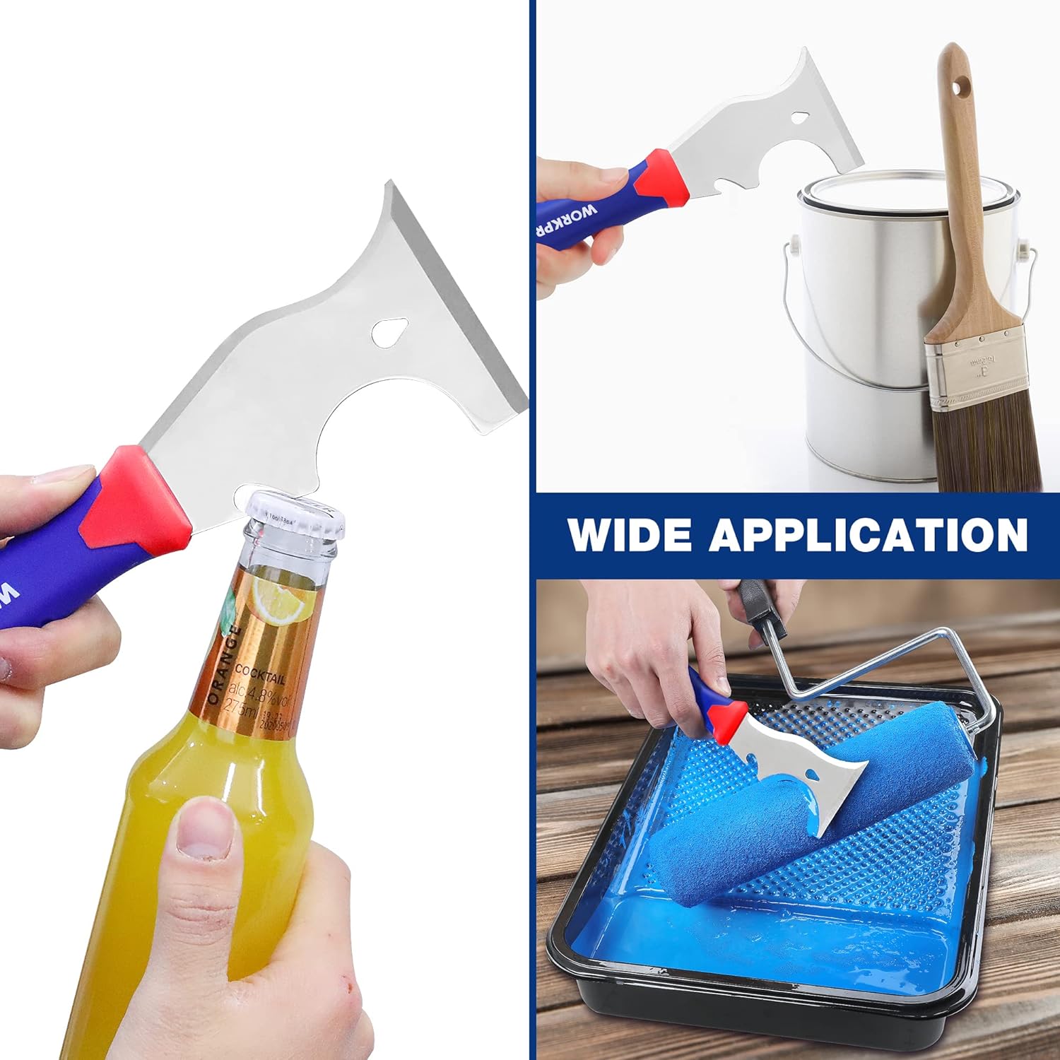 WORKPRO paint scraper held by hand with wide metal blade for removing paint and caulk