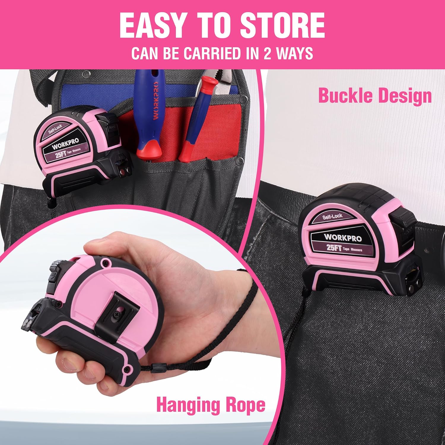 Pink tape measure with hanging rope strap and buckle-style storage case