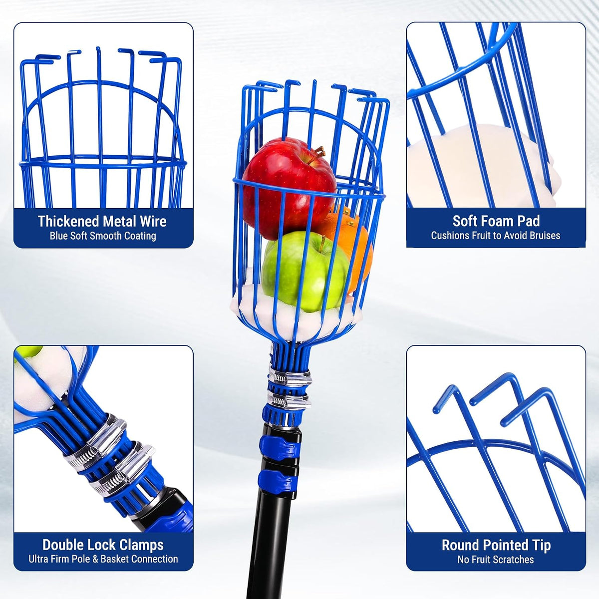 Workpro telescoping fruit picker tool in blue with a foam-padded basket base for cushioning picked produce.