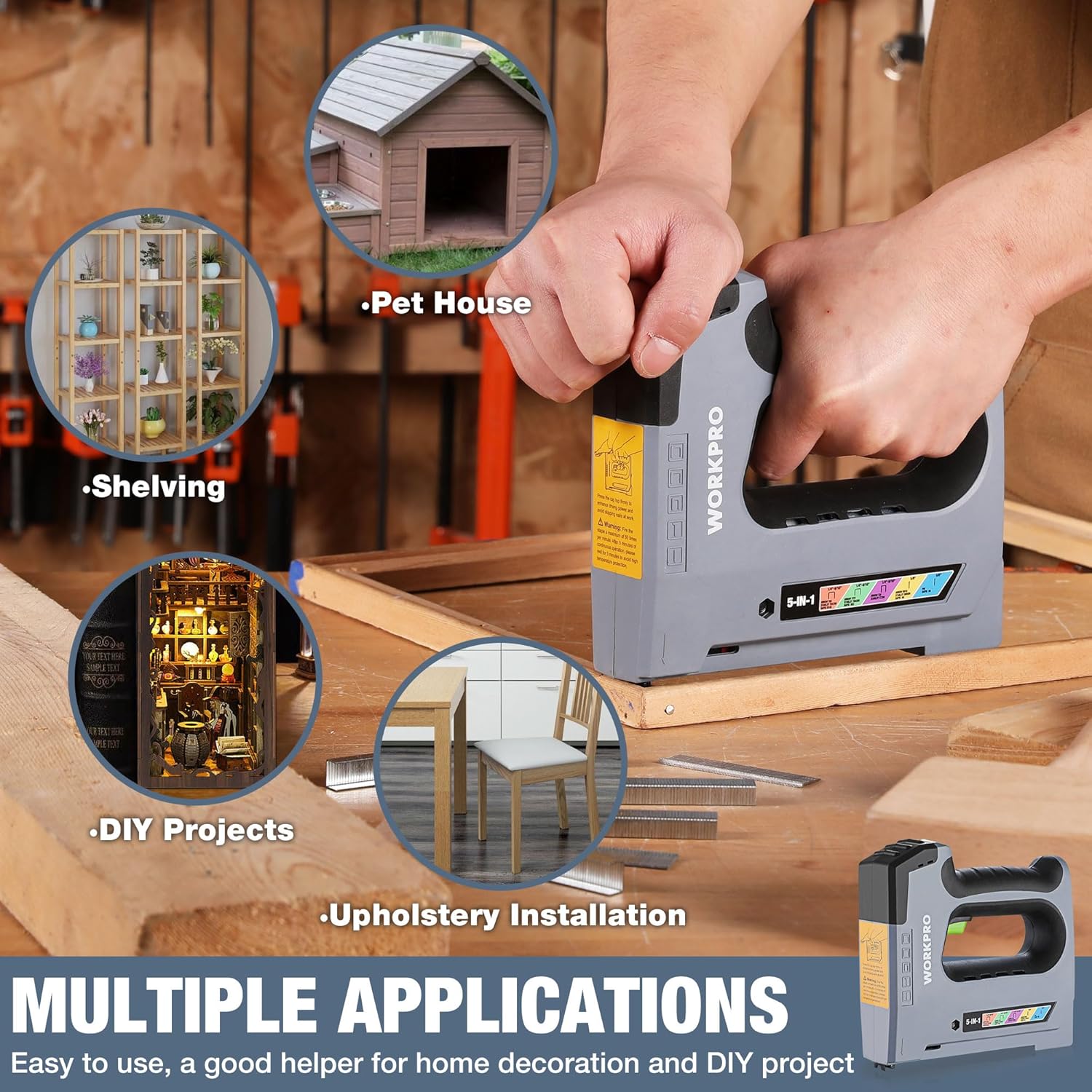 Cordless electric staple gun applying staples to wooden furniture, multi-use accessory callouts