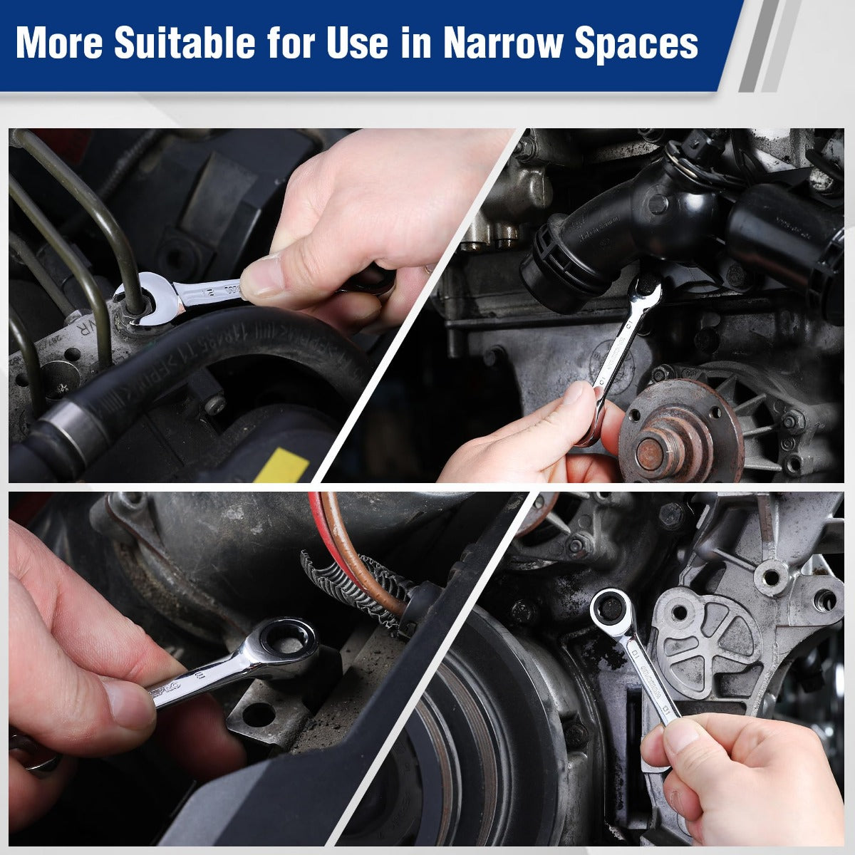 Stubby ratcheting wrench used in tight engine-space, wrench held near a bolt