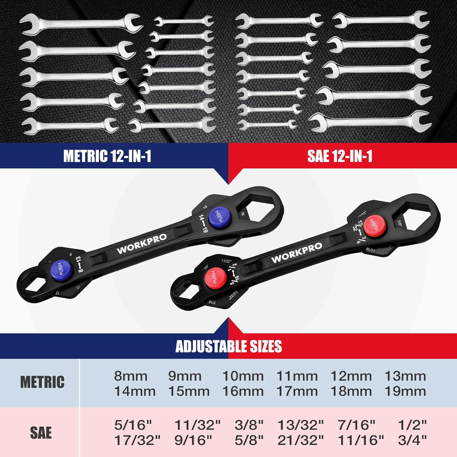 WORKPRO 2-piece adjustable wrench set, black multi-position reversible heads, 8–19mm metric
