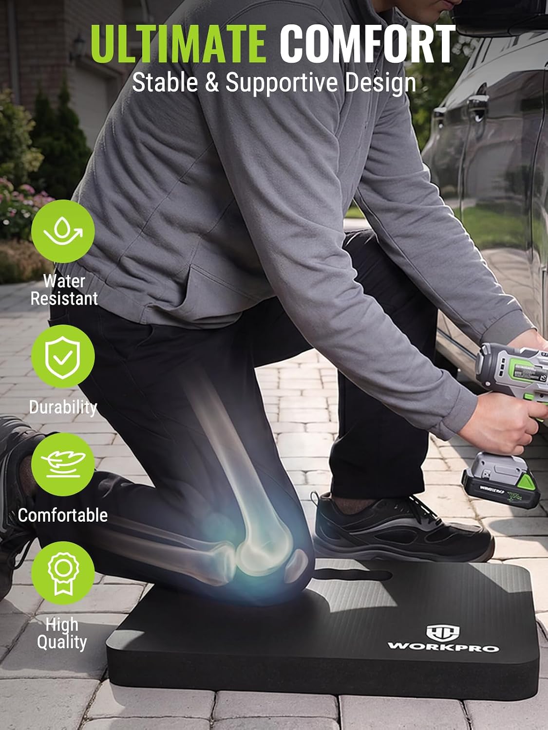 WORKPRO extra thick kneeling pad in black and blue, foam padding, shown outdoors while kneeling on a patio