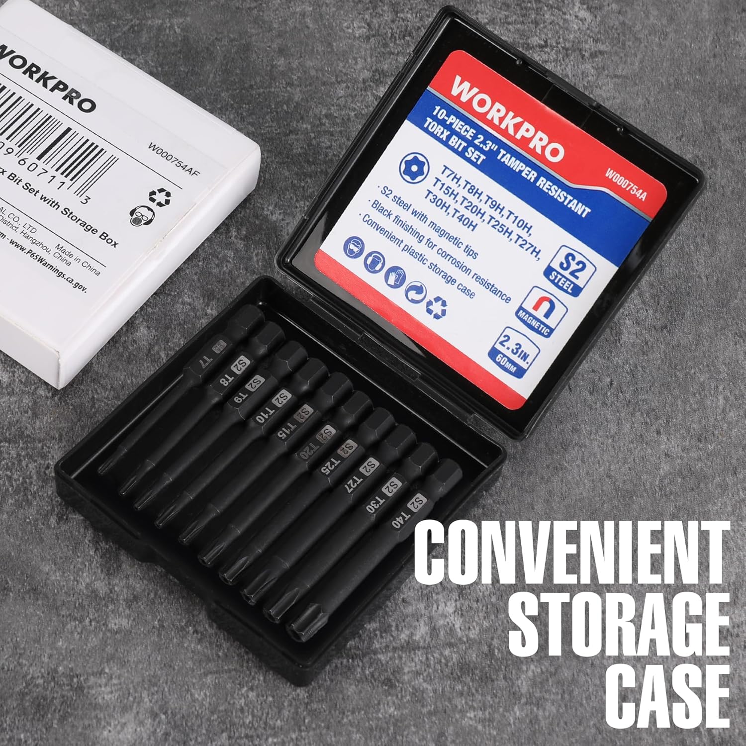 Tamper-resistant Torx bit set in open black case with labeled insert cards