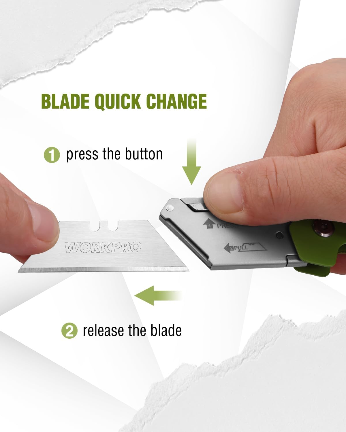 Green folding utility knife showing blade quick-change release under thumb