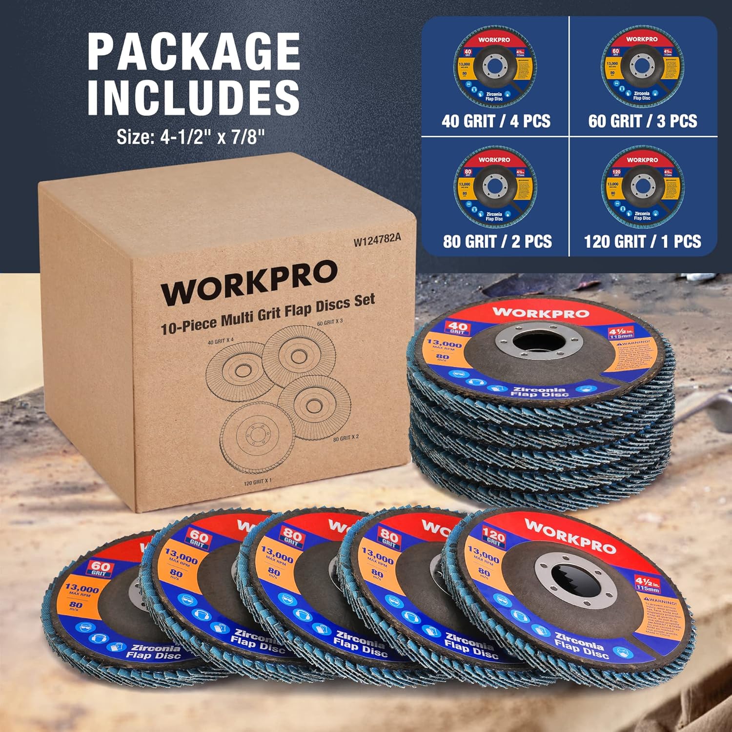 Flap disc set with cardboard box and stacked blue sanding discs, various grits