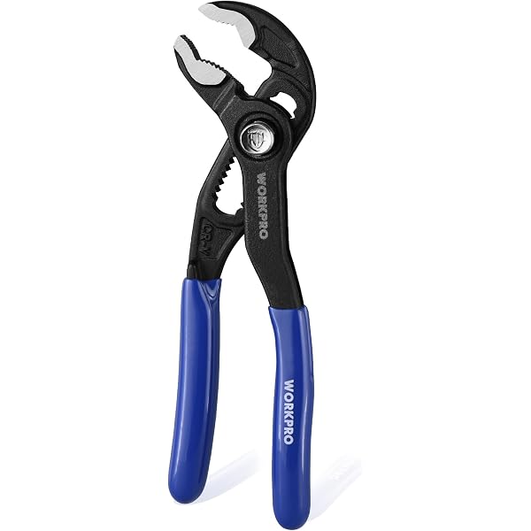 Black water pump pliers with blue non-slip handles and adjustable serrated jaws
