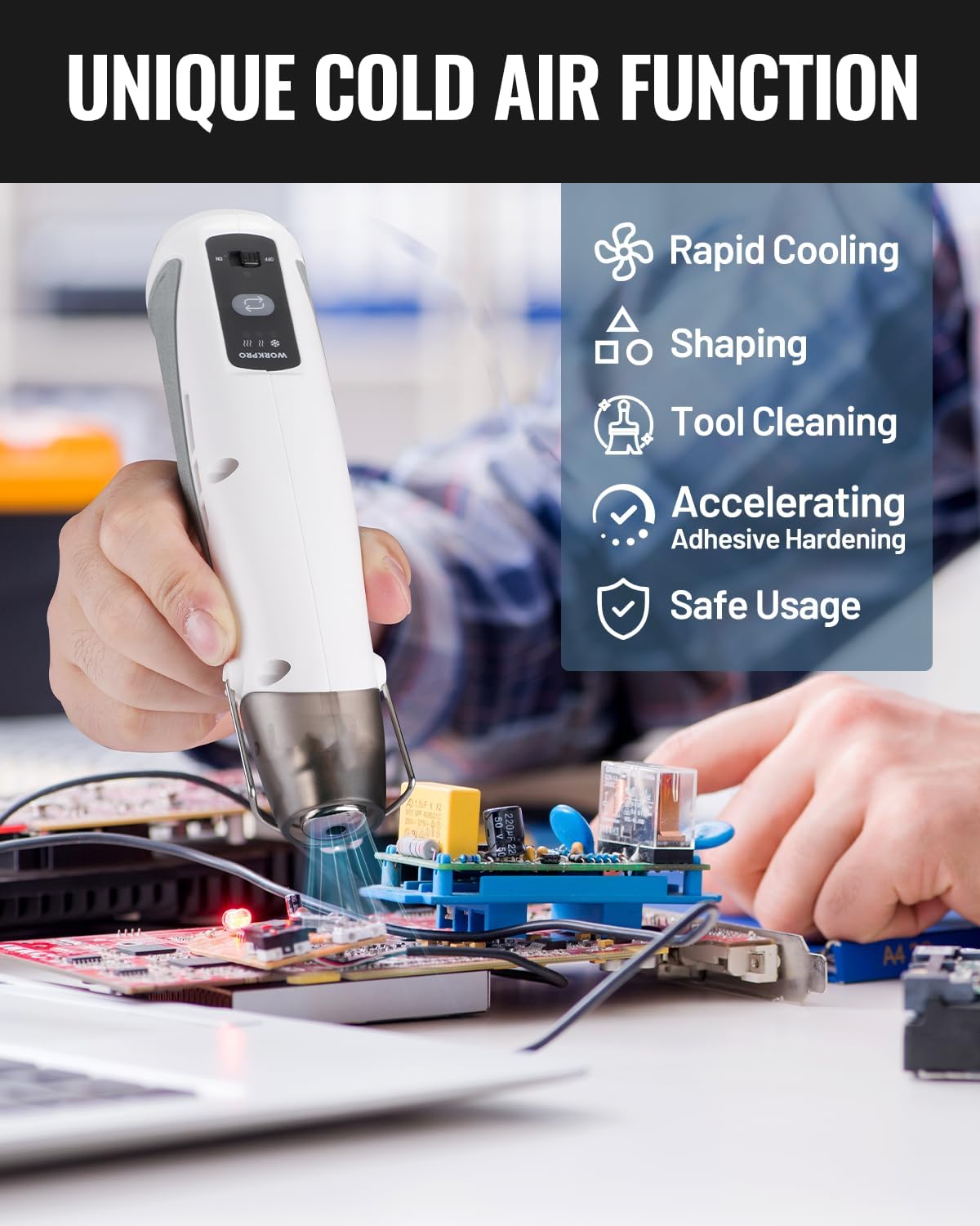 Mini cordless heat gun held in hand, showing cool-air mode controls and vents