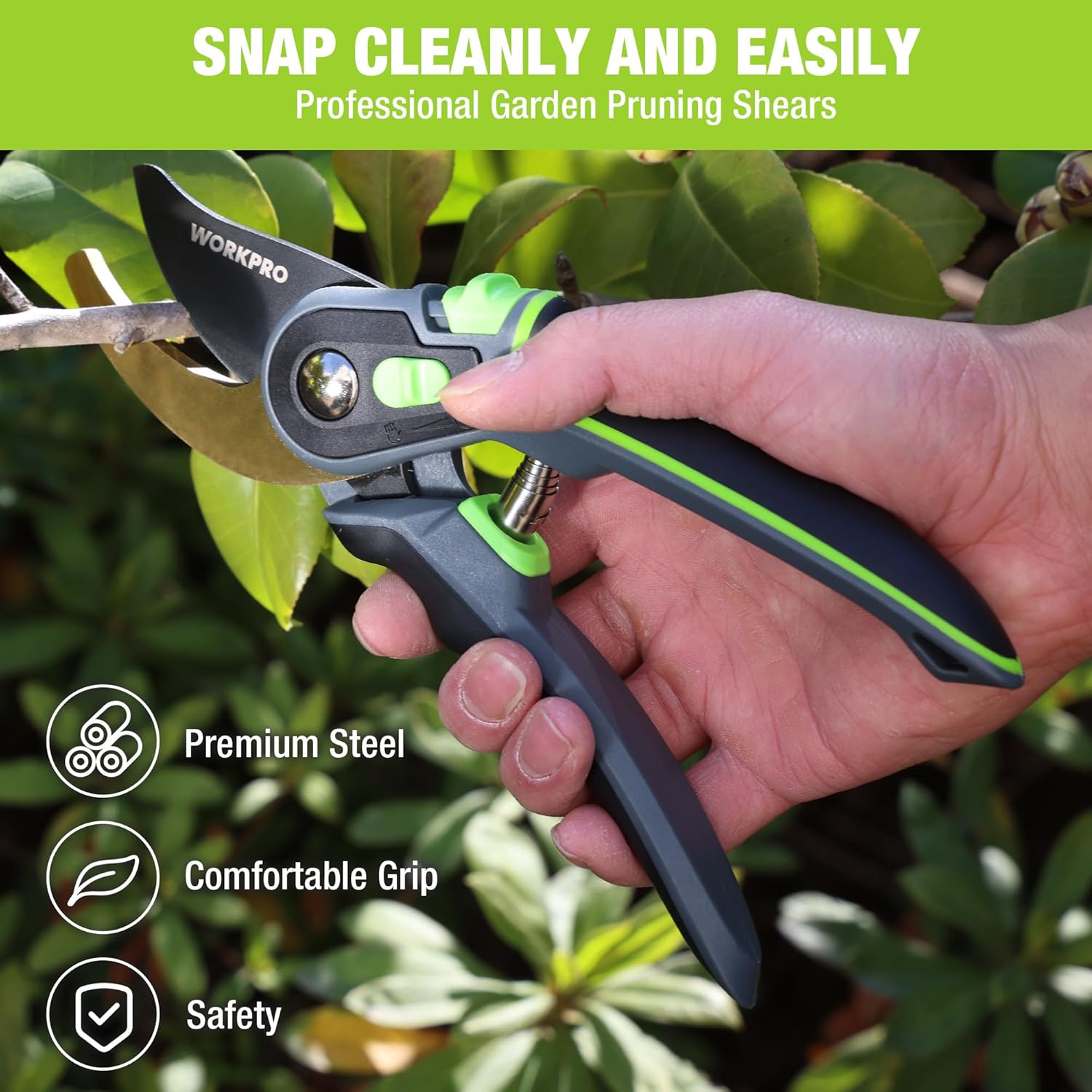 Professional pruning shears with premium steel blades, black-and-green handle gripped in hand