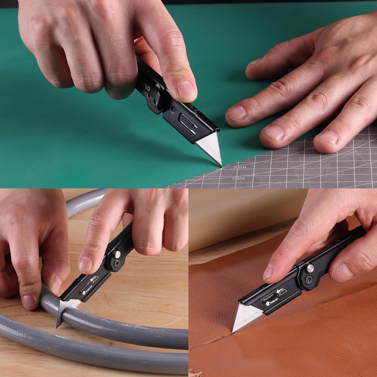 WORKPRO folding box cutter in hand cutting a cardboard roll on a tabletop