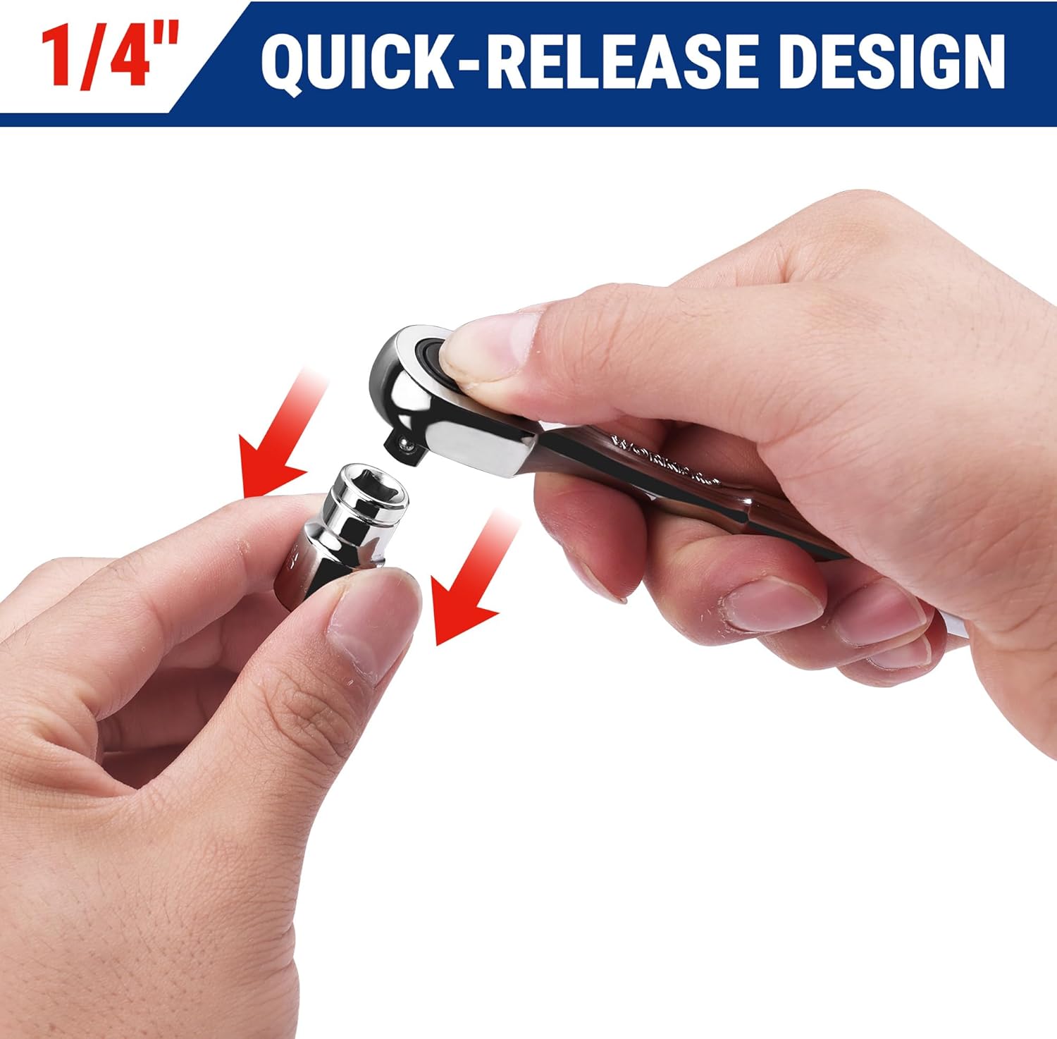 1/4 in quick-release ratchet wrench with tool-release mechanism for socket removal.
