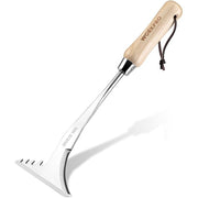 L-shaped stainless steel crack weeder with wooden handle and side-walk weed puller blade