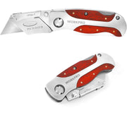 Two views of folding utility knife with silver blade and red wood-grain handle