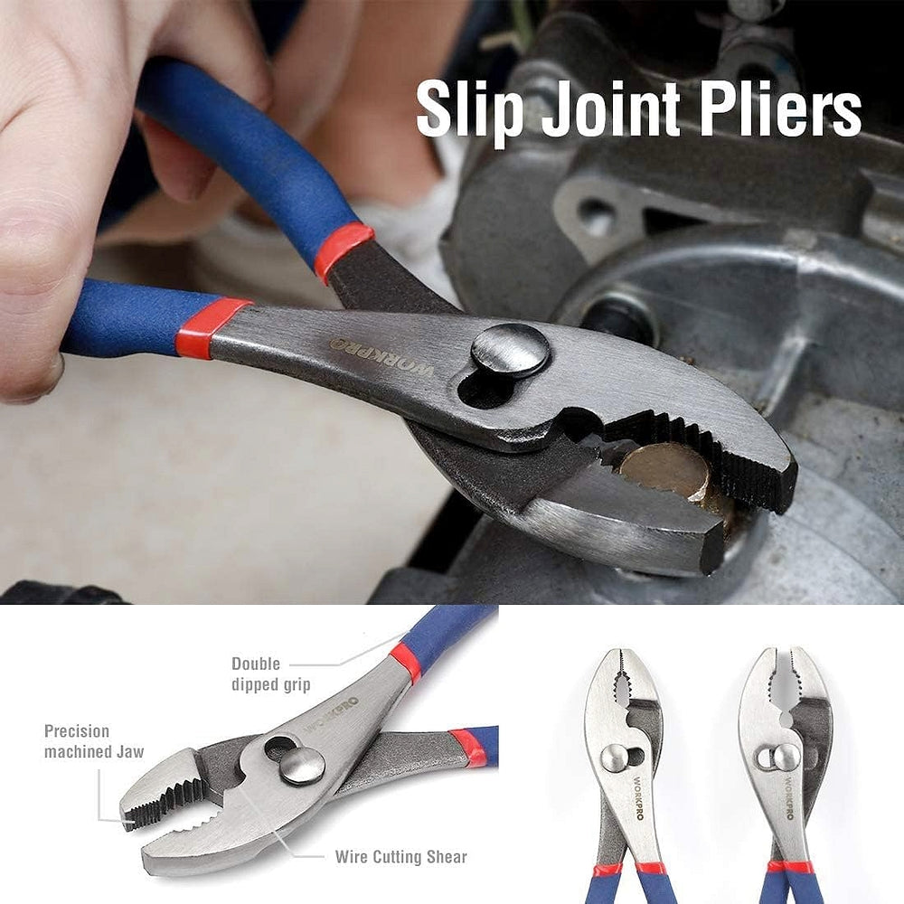 Slip joint pliers with blue and red insulated handles