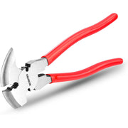 Red-handled fencing pliers with silver steel jaws and cutting head