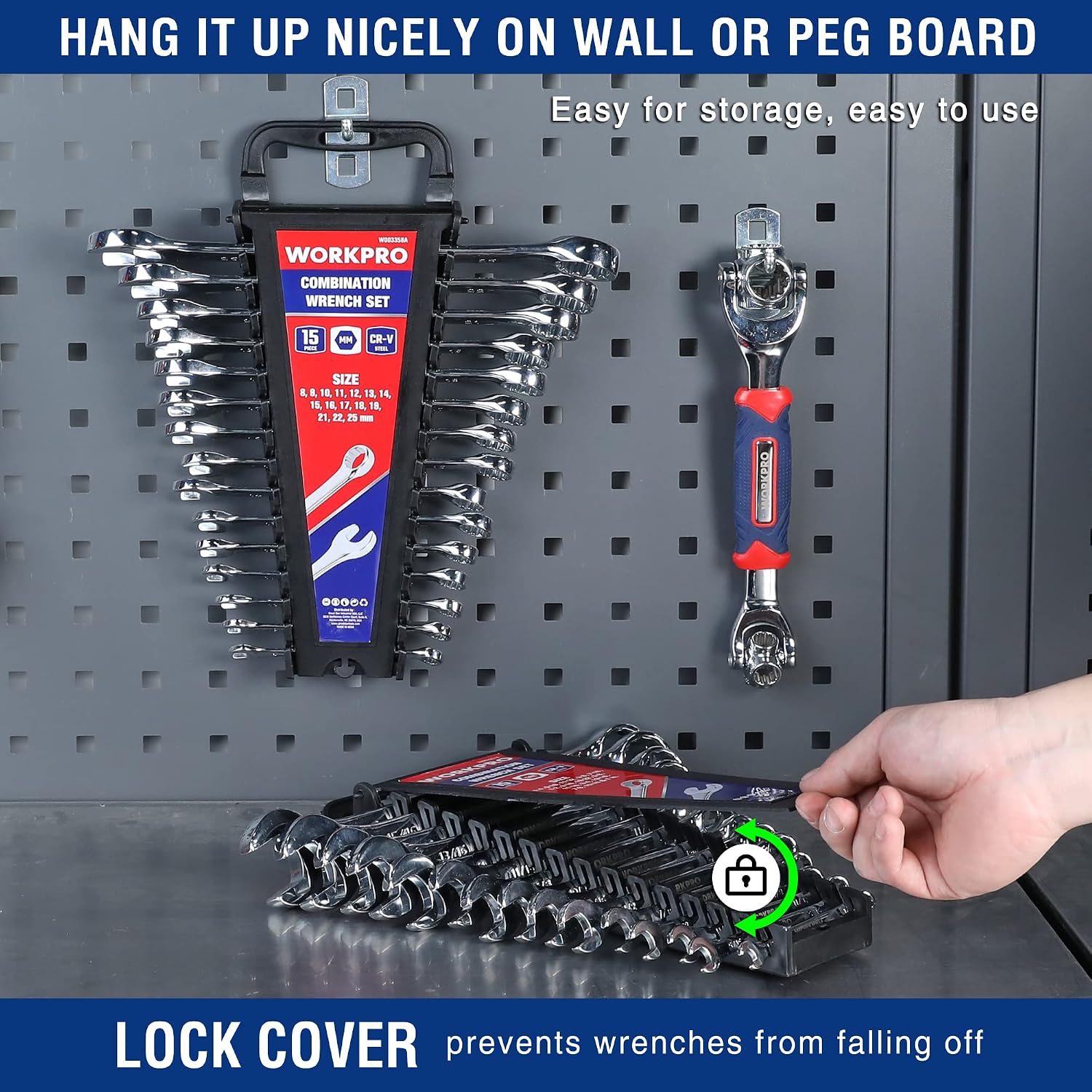 15-piece combination wrench set mounted on pegboard with lock cover for secure storage.