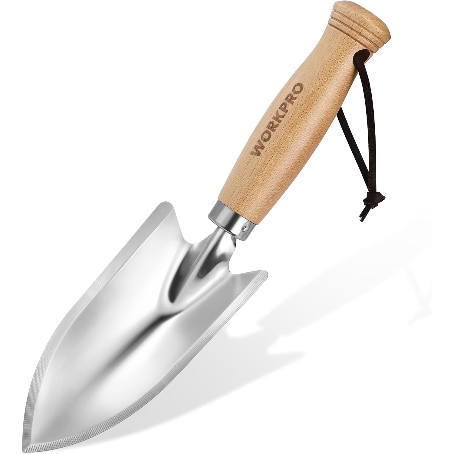 Garden hand trowel with polished stainless steel blade, wooden handle, and black hanging cord