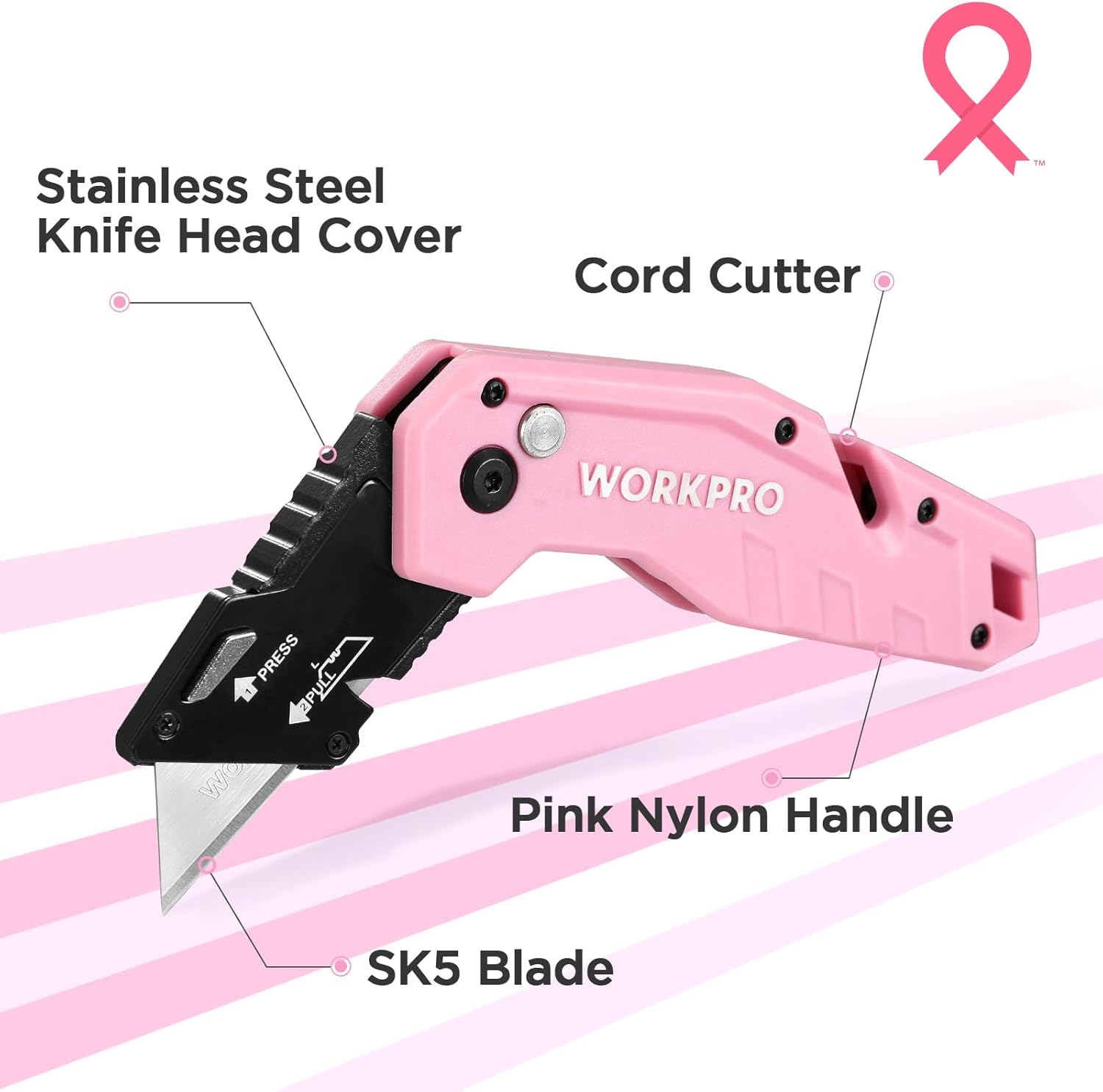Pink folding utility knife with stainless steel blade head cover and cord cutter