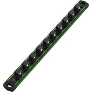 Green magnetic socket organizer rail with black magnetic clips for holding sockets