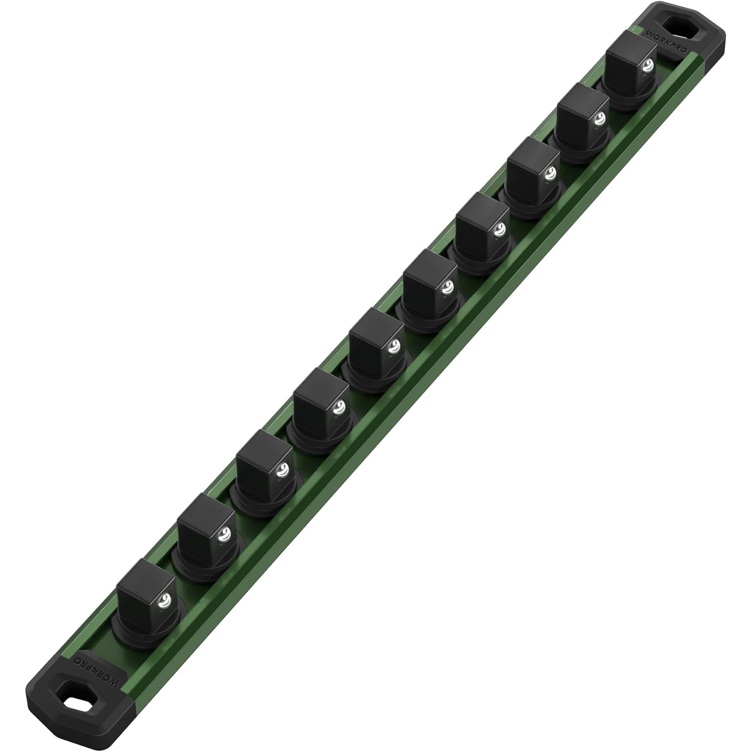 Green magnetic socket organizer rail with black magnetic clips for holding sockets