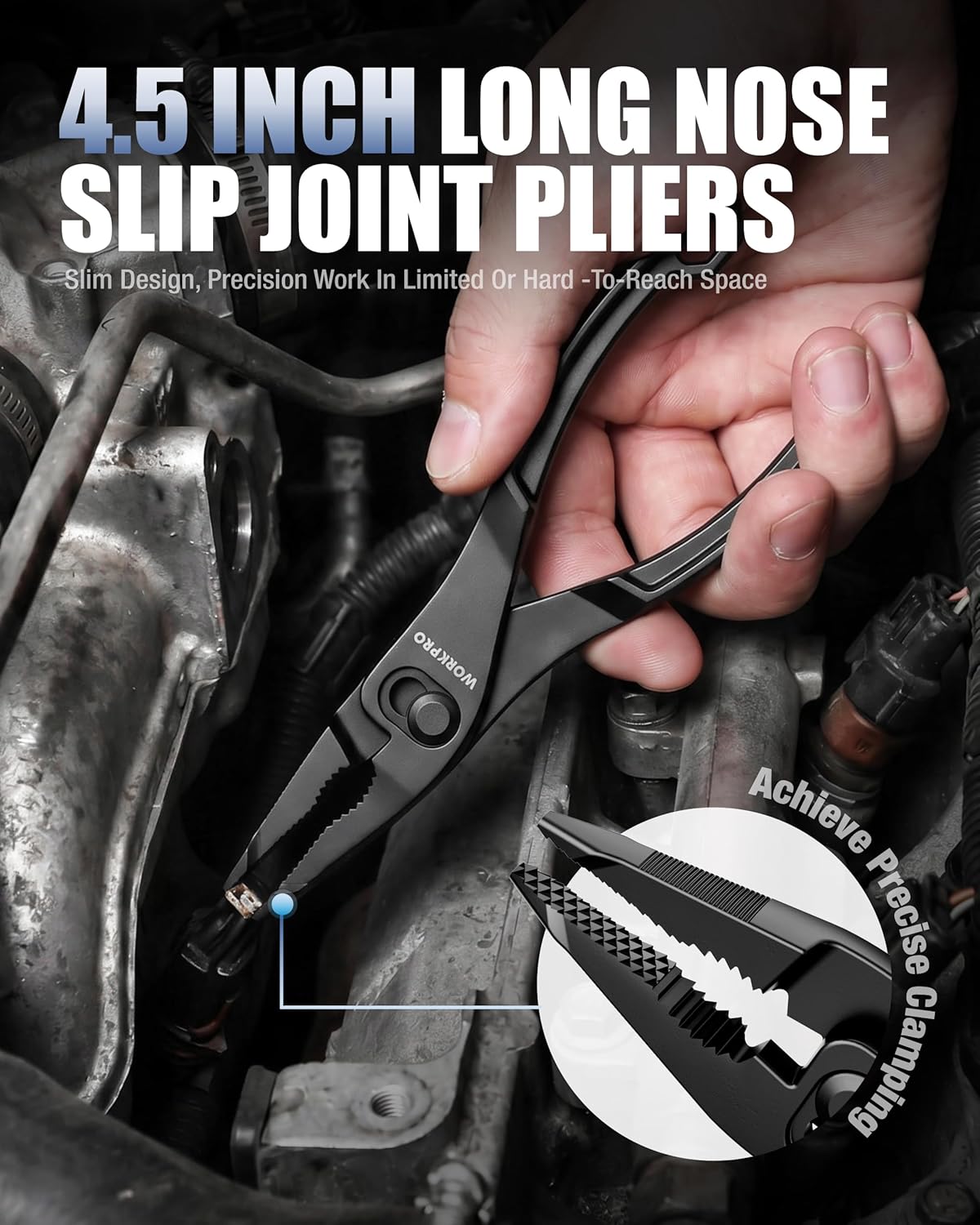 WORKPRO 4.5-inch long nose slip joint pliers with slim jaws