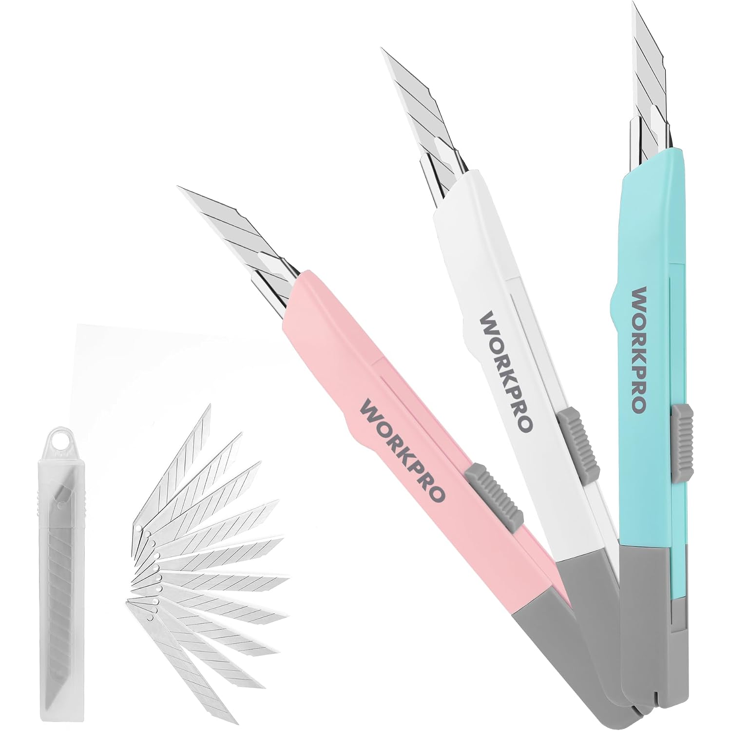 Retractable utility knives with mint and pink handles, gray slider, and spare blade cases