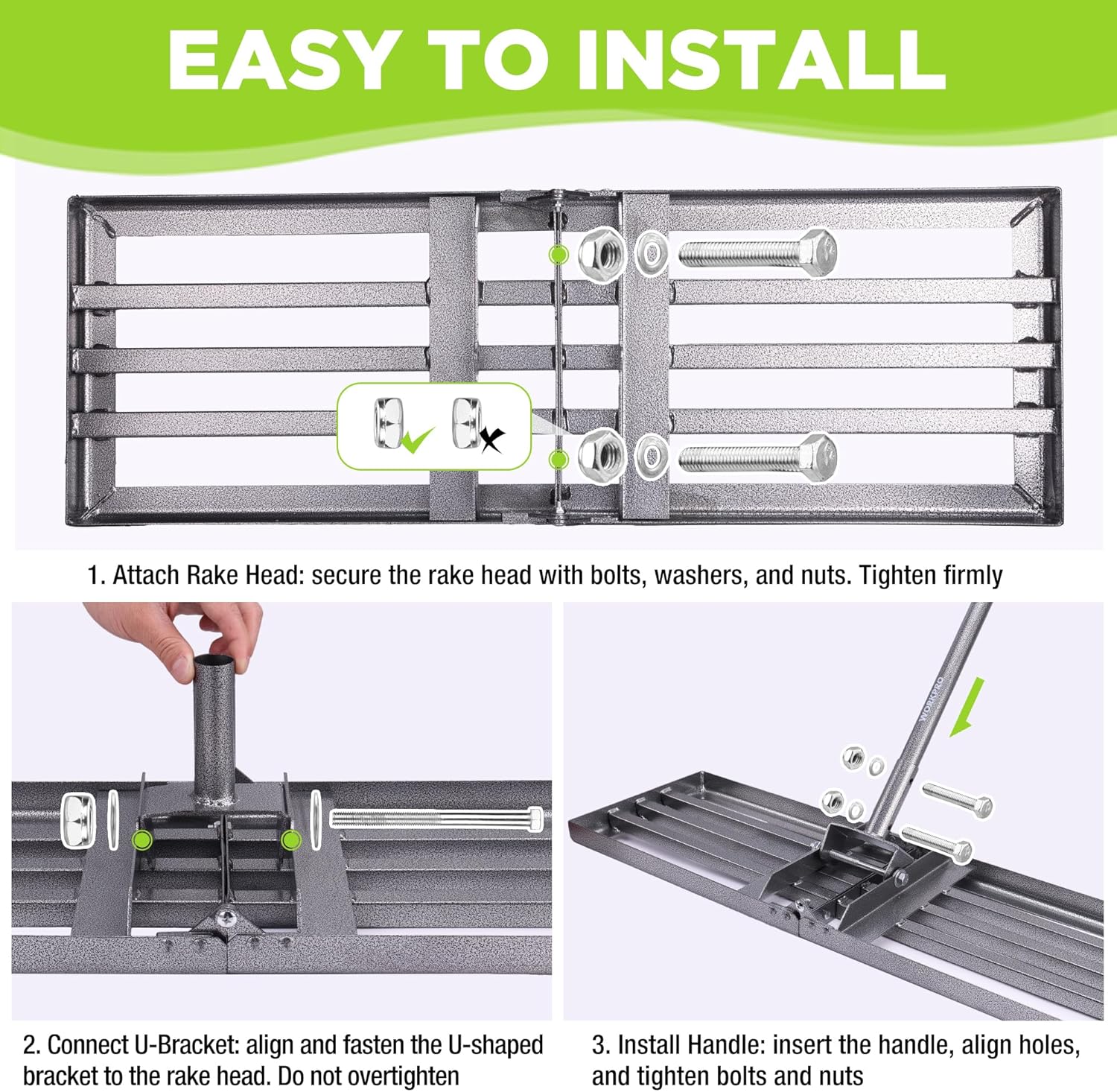 Lawn leveling rake installation steps showing U-bracket and bolt connections